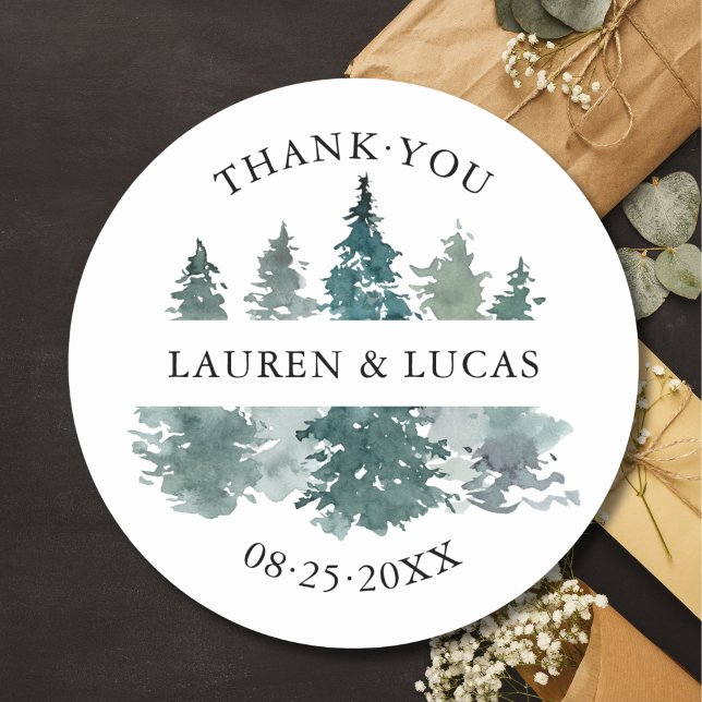 Pegatina Redonda Árboles Rústicos Bosques Woodland Gracias Boda (Rustic Trees Forest Woodland Mountain Thank You Wedding Classic Round Sticker)