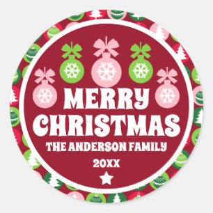 Pegatina Redonda Árboles y ornamentos de Navidad retro vintage