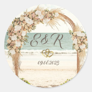 Pegatina Redonda Arbusto de rosas para boda en la playa