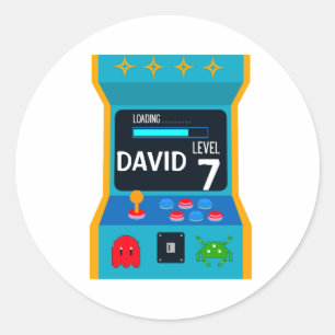 Pegatina Redonda Arcade Game Birthday Boy Fiesta Nivel Arriba