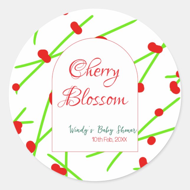 Pegatina Redonda Arch shape cherry blossom red green baby shower na (Anverso)