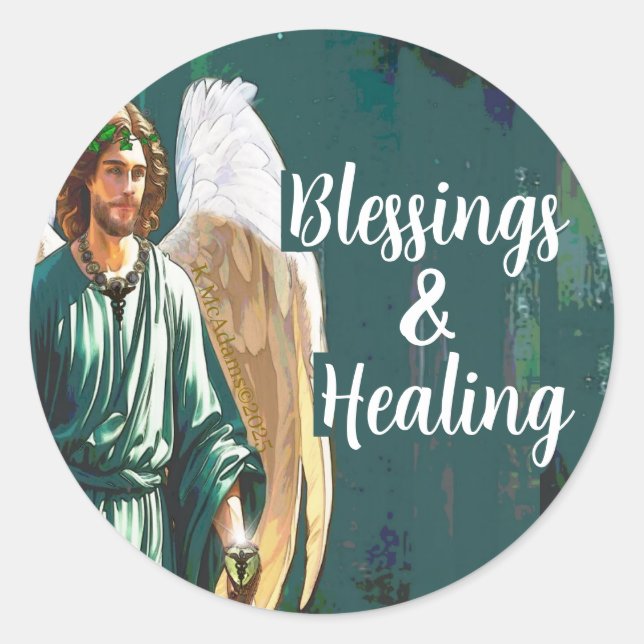 Pegatina Redonda Archangel Saint Raphael Blessings & Healing Angel (Anverso)