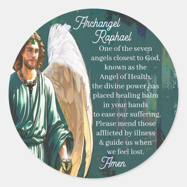 Pegatina Redonda Archangel Saint Raphael Healing Angel Prayer (Anverso)