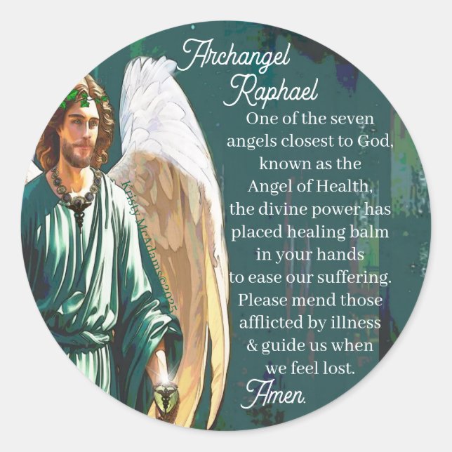 Pegatina Redonda Archangel Saint Raphael Healing Angel Prayer (Anverso)
