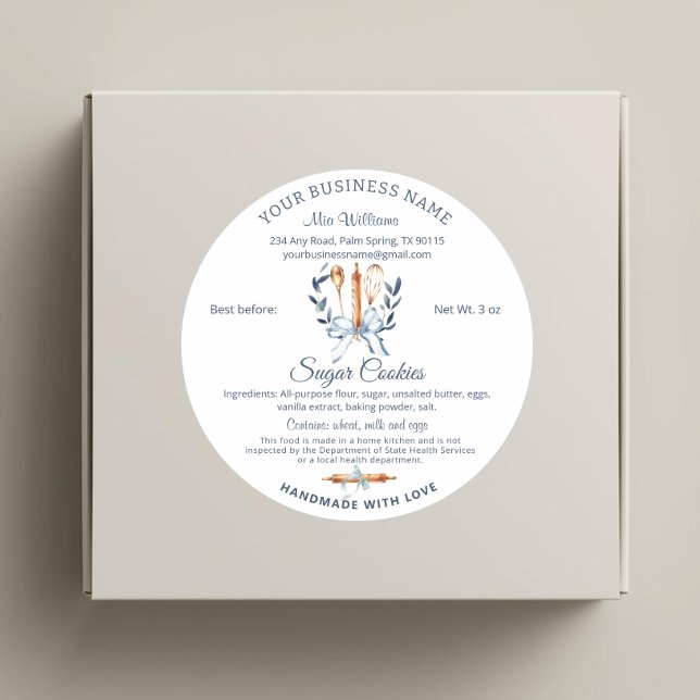 Pegatina Redonda Arco Azul Utensilios Cocina Cabaña Ley de Alimento (Blue Bow coquette Utensils cooking Cottage law food label)