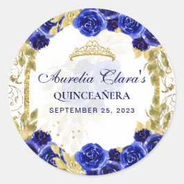 Pegatina Redonda Arco de oro Royal Blue Floral Princess Quinceanera