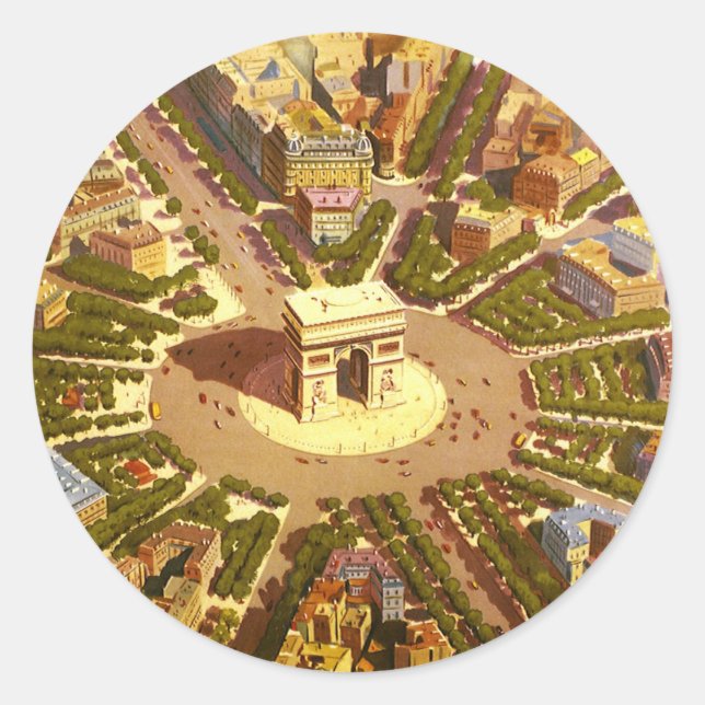 Pegatina Redonda Arco de Triunfo Vintage, París, Francia (Anverso)