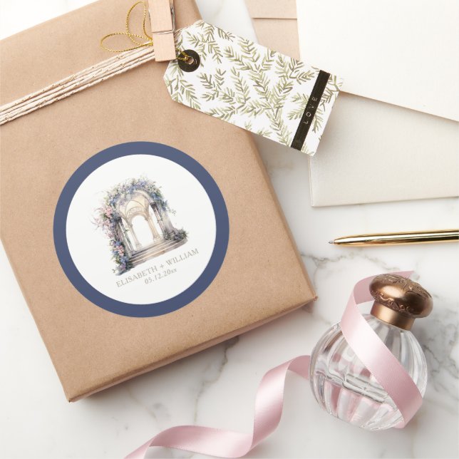 Pegatina Redonda Arco floral Boda acuático personalizado (Regalar)