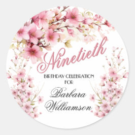 Pegatina Redonda Arco floral rosa Elegancia fiesta de cumpleaños 90