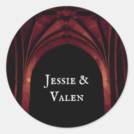 Pegatina Redonda Arco Gótico Elegante Boda Oscura Rojo Negro