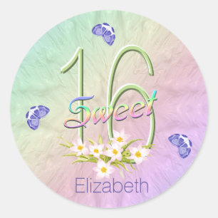 Pegatina Redonda Arco iris del dulce 16 y fiesta de cumpleaños de