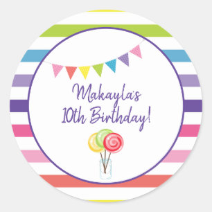 Pegatina Redonda Arco iris dulce de la fiesta de cumpleaños de la