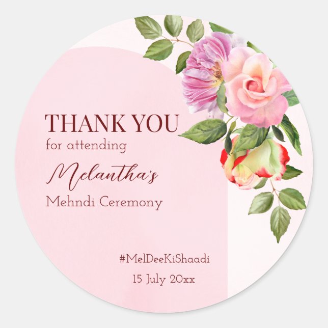 Pegatina Redonda Arco rosa con rosas mehndi personalizado gracias (Anverso)