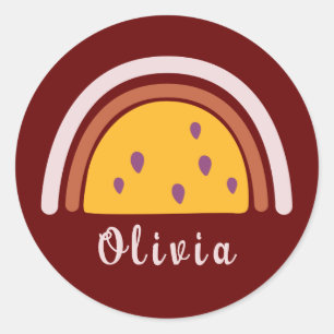 Pegatina Redonda Arcoiris boho con nombre personalizado amarillo