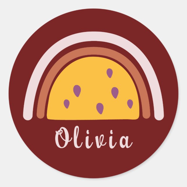 Pegatina Redonda Arcoiris boho con nombre personalizado amarillo (Anverso)