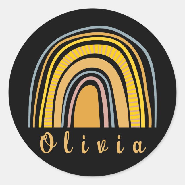 Pegatina Redonda Arcoiris boho con nombre personalizado caprichoso (Anverso)