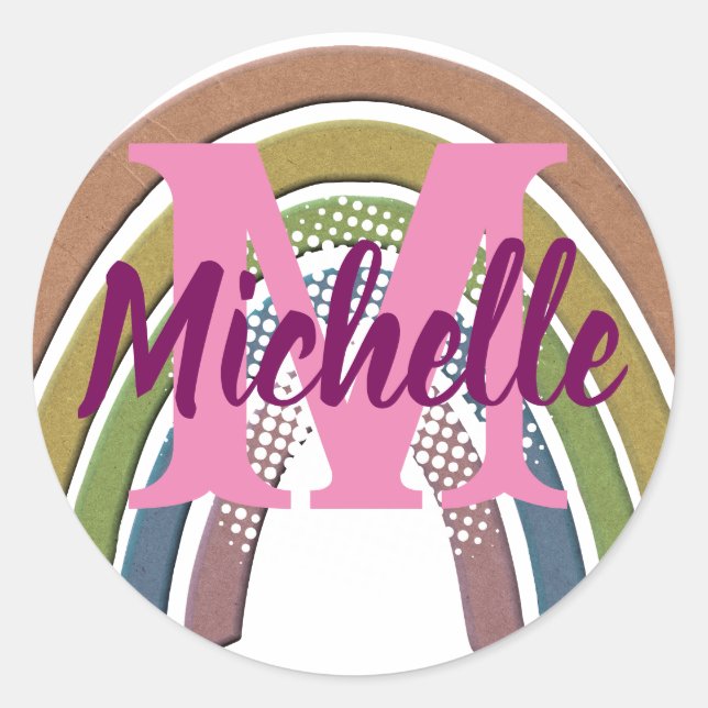 Pegatina Redonda Arcoiris con falso papel rústico Textura Nombre pe (Anverso)