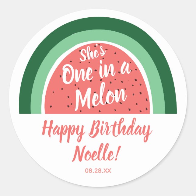 Pegatina Redonda Arcoiris de sandía, es una en un melón, cumpleaños (Anverso)