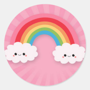 Pegatina Redonda Arcoiris kawaii y nubes en estallido rosa