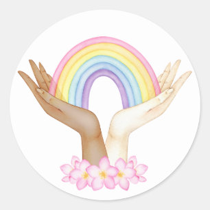 Pegatina Redonda Arcoiris LGBT en manos