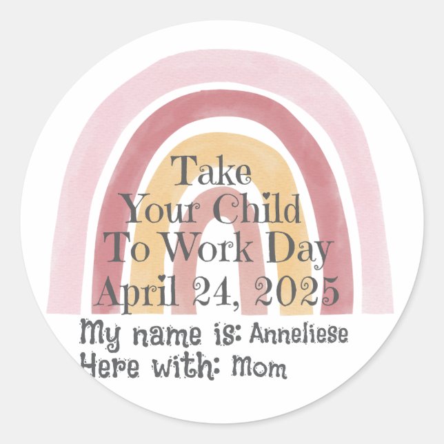 Pegatina Redonda Arcoiris rosa personalizado lleva a su hijo a trab (Anverso)