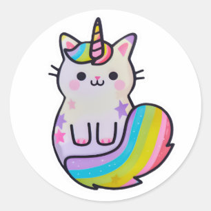 Pegatina Redonda Arcoiris unicornio de gato blanco