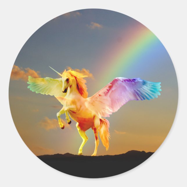Pegatina Redonda Arcoiris unicornio pegasus (Anverso)