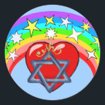 Pegatina Redonda Arcoiris y estrellas judías<br><div class="desc">Los colores del arcoiris y las estrellas judías rodean nuestro corazón amoroso en la belleza de la religión.</div>