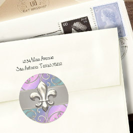 Pegatina Redonda Arcoiris y plata Filigree Swirls Fleur de Lis