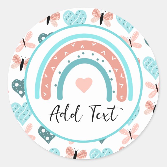 Pegatina Redonda Arcos de lluvia, mariposas y corazones personaliza (Anverso)