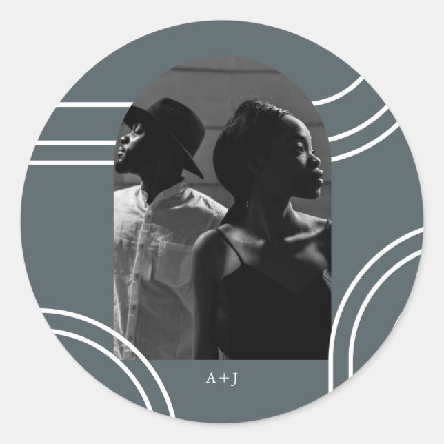 Pegatina Redonda Arcos de moda con Boda fotográfico azul monograma (Anverso)