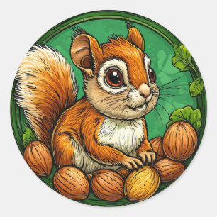 Pegatina Redonda Ardilla Adorable Sosteniendo Nueces