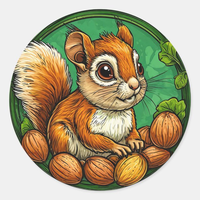 Pegatina Redonda Ardilla Adorable Sosteniendo Nueces (Anverso)