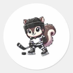Pegatina Redonda Ardilla Chibi Divirtiéndose Jugando Hockey sobre H
