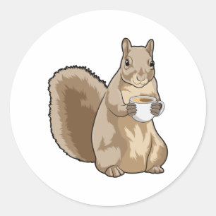 Pegatina Redonda ardilla con copa de café