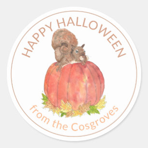 Pegatina Redonda Ardilla de Halloween corta en calabaza