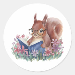 Pegatina Redonda Ardilla Leyendo Un Libro, Enclavada En Flores