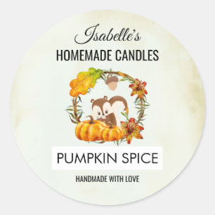 Pegatina Redonda Ardilla y calabazas aroma a velas caseras