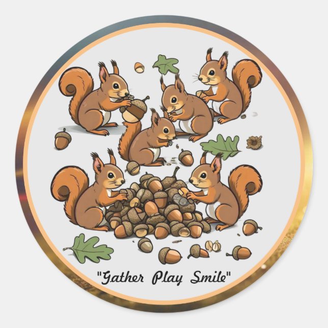 Pegatina Redonda "Ardillas de recolección de nueces alegres" (Anverso)
