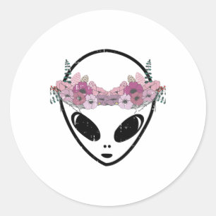 Pegatina Redonda Area-51 Flor Crown Alien Head Easy Martian Hallo