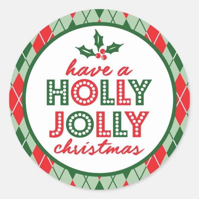 Pegatina Redonda Argyle Tiene Un Navidad Holly Jolly (Verde / Rojo) (Anverso)