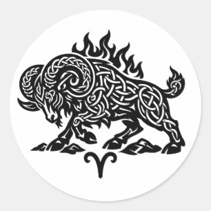 Pegatina Redonda Aries Fuego‑Carnero – Zodiaco de Tinta Embrujada C