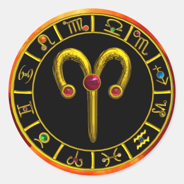 PEGATINA REDONDA ARIES GOLD ZODIAC CUMPLEAÑOS JEWEL ASTROLOGY CHART (Anverso)