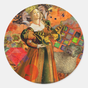 Pegatina Redonda Aries Naranja Mujer Ilustracion gótico