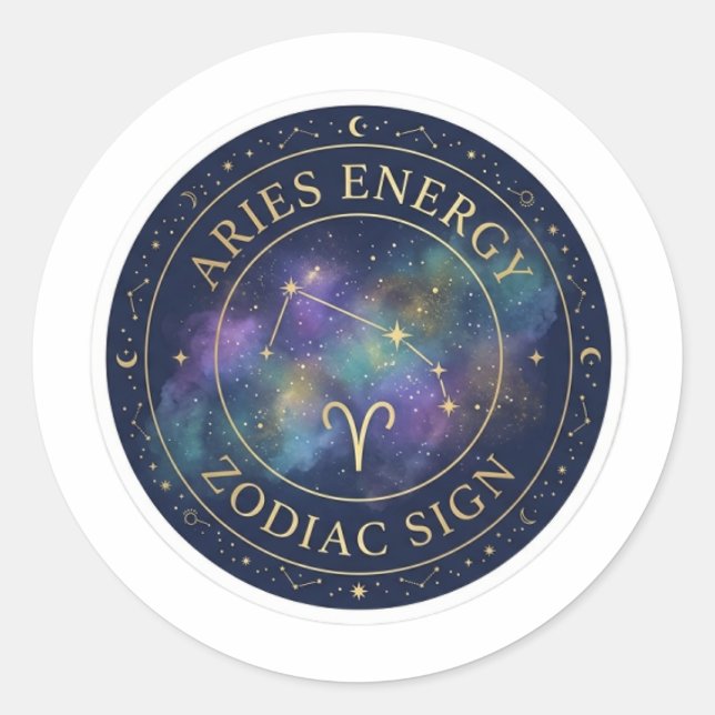Pegatina Redonda Aries Zodiac Energy Celestial Gold and Navy Sticke (Anverso)