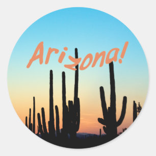 Pegatina Redonda ¡Arizona! Puesta del sol del Saguaro