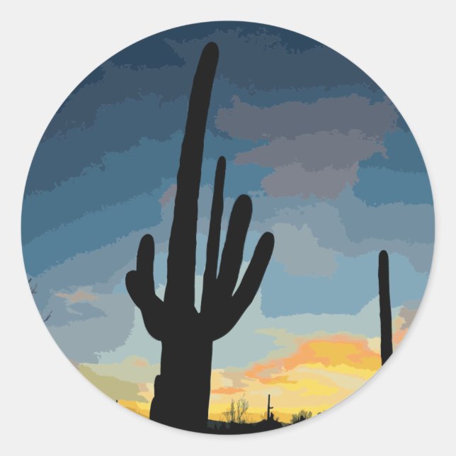 Pegatina Redonda Arizona Saguaro Cactus Southwestern Sunset (Anverso)