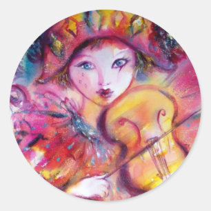 Pegatina Redonda ARLECCHINO Y COLOMBINA, azul amarillo fucsia rosa