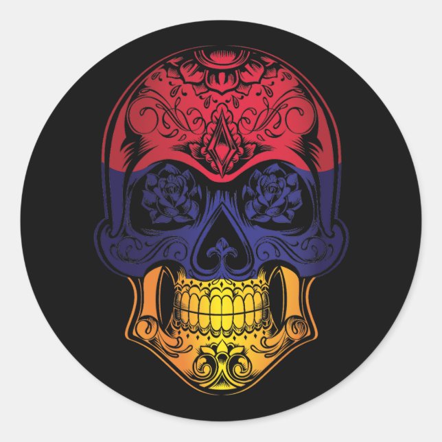 Pegatina Redonda Armenia Calavera Y Bandera De Rosas (Anverso)