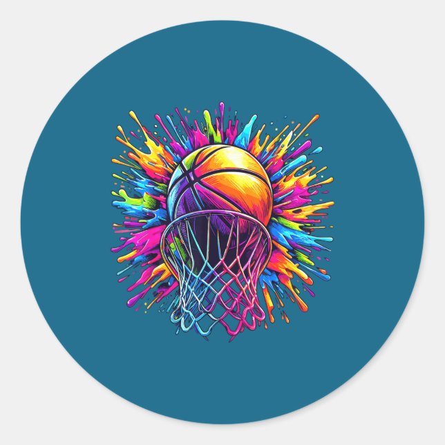 Pegatina Redonda Aro de Baloncesto Colorido (Anverso)